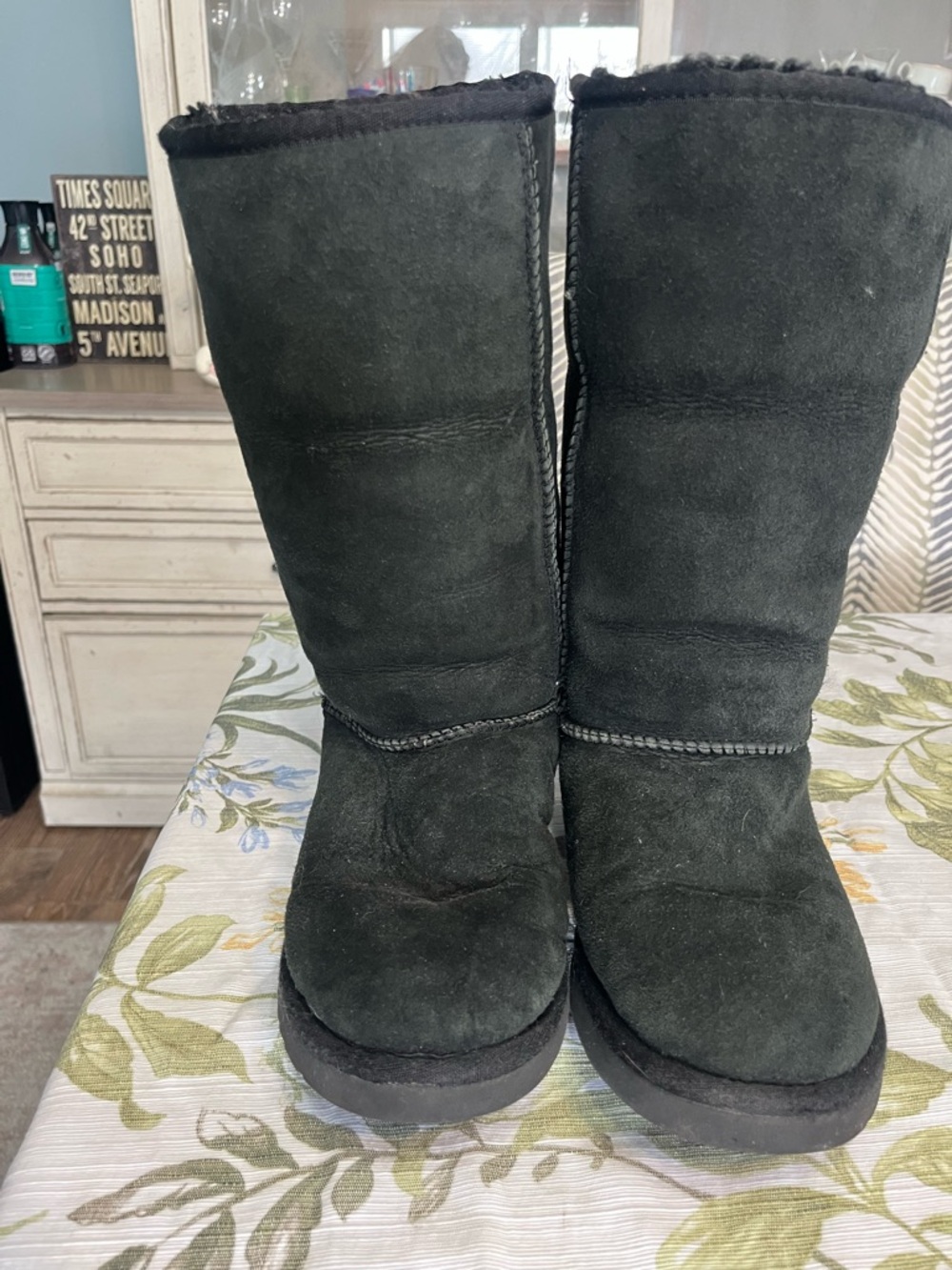 UGG Classic Black Suede Winter Boots with Shearling Trim